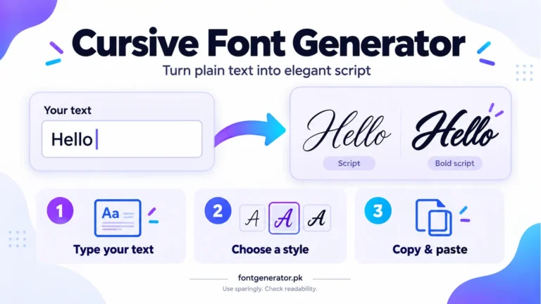 Cursive font generator infographic showing plain Hello text converted to script and bold script, with type, choose, and copy steps.