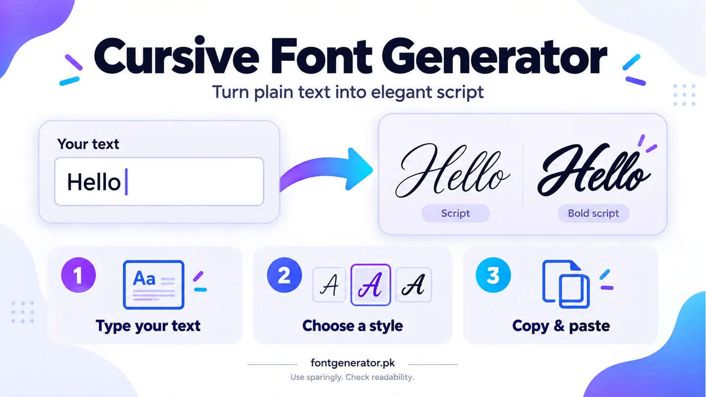Cursive font generator infographic showing plain Hello text converted to script and bold script, with type, choose, and copy steps.