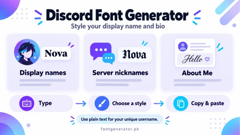 Discord font infographic with styled display names, server nicknames, and About Me text, plus a type, choose, and copy workflow.