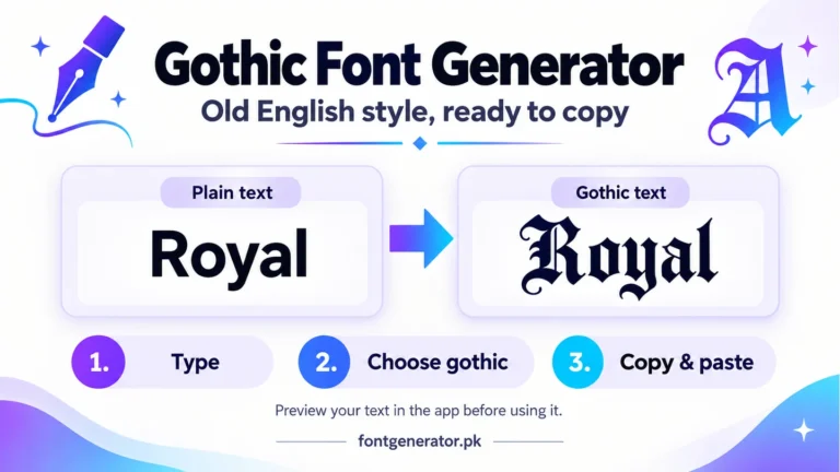 Gothic font infographic comparing Royal in plain text and blackletter, followed by type, choose gothic, and copy steps.