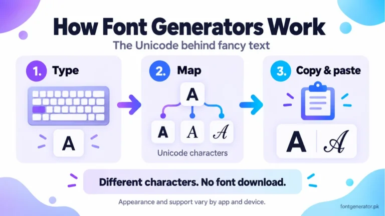 Three-step infographic showing how a font generator maps typed letters to styled Unicode characters for copying and pasting.