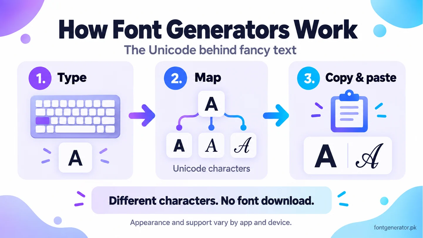 Three-step infographic showing how a font generator maps typed letters to styled Unicode characters for copying and pasting.